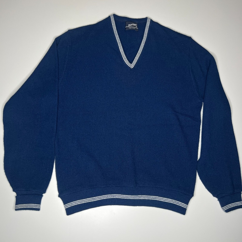 Vintage Puritan Mens XL V-Neck Sweater Navy Blue White Tipping Made in USA
